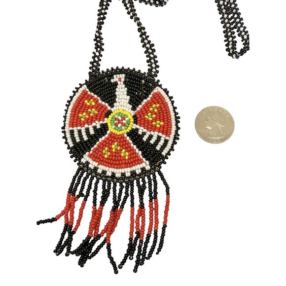 VTG Black Thunderbird Native American Medallion Necklace Seed Bead Leather Back - Picture 9 of 10
